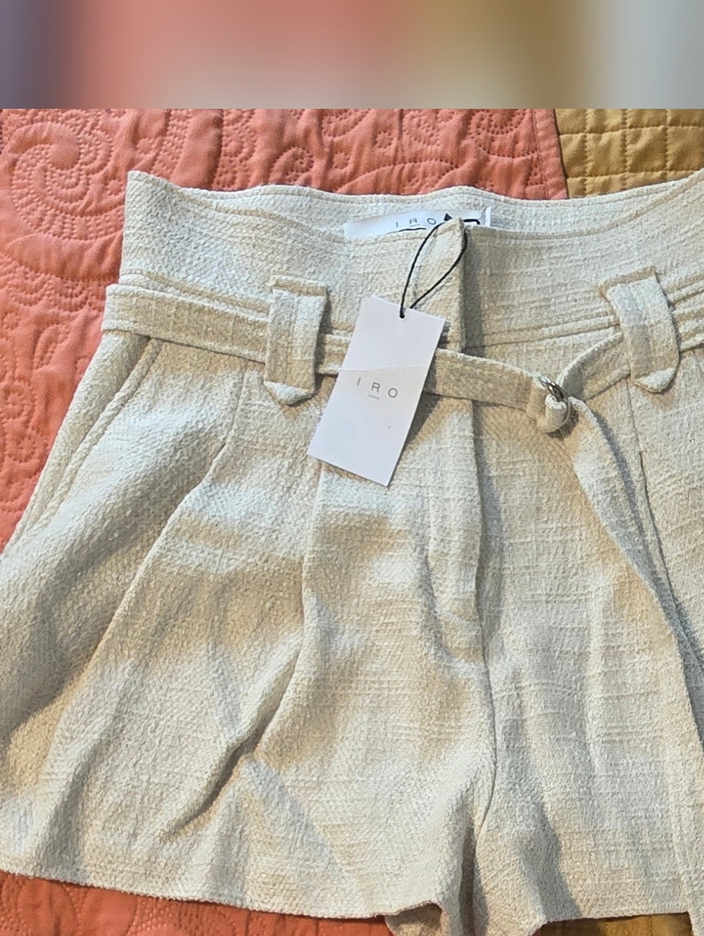 IRO Paris Idily Ecru tweed linen blend high-rise belted shorts *NWT*